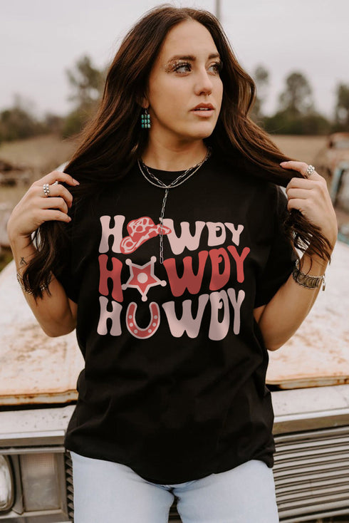 Black Howdy Letter Graphic Print Short Sleeve T Shirt